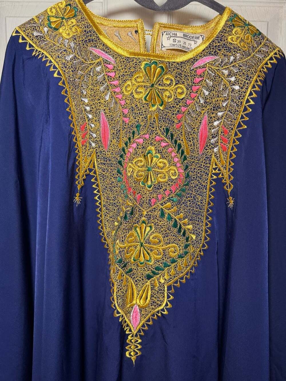 Aicha Broderie Abidjan African Boubou Kaftan Navy Gold Embroidered Maxi Dress - Picture 3 of 11